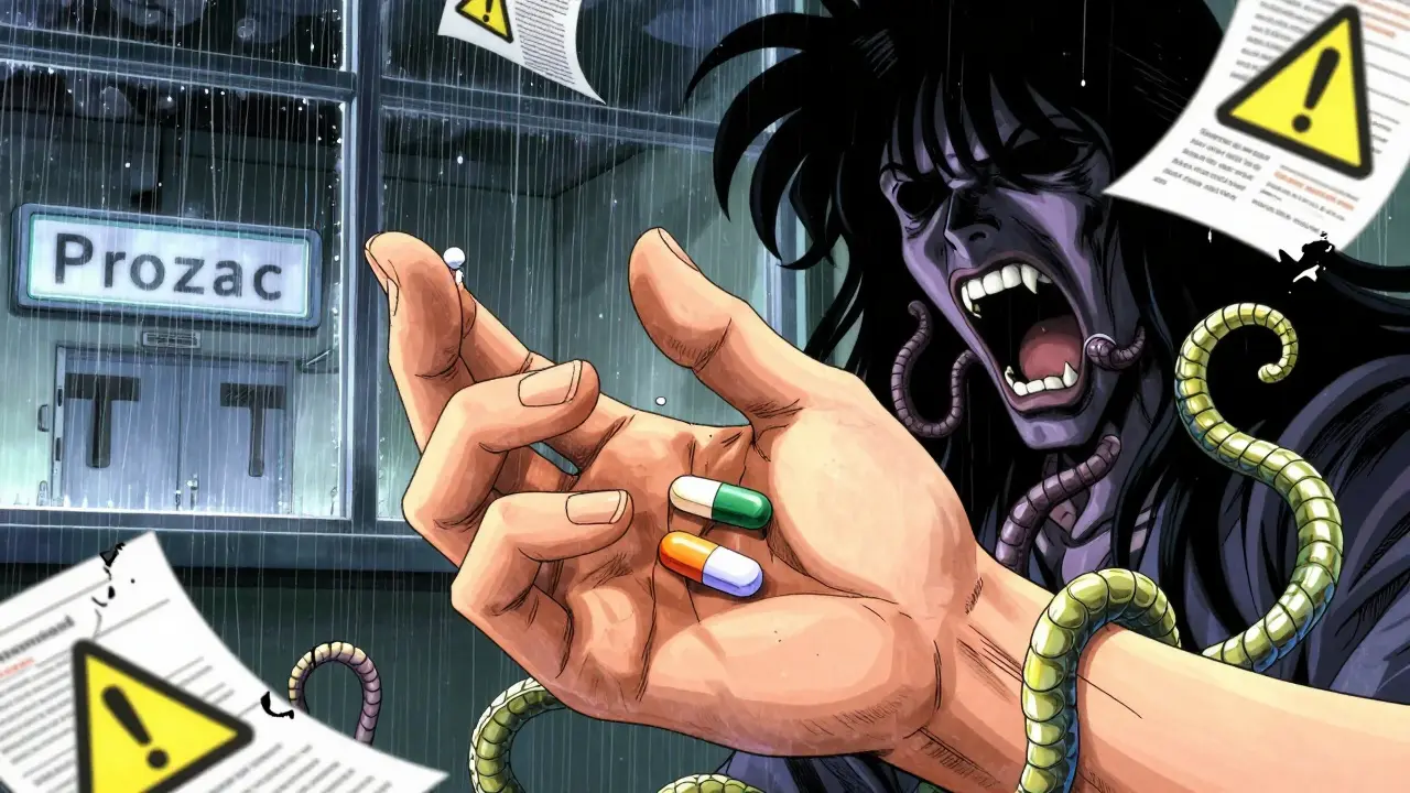 Trembling hand clutching Prozac and Tramadol pills as serotonin serpents twist into a screaming face in shadow.