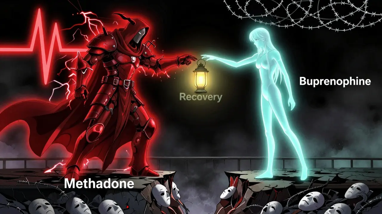 Two symbolic figures on a bridge—Methadone and Buprenorphine—reaching for a recovery lantern over a chasm of addiction.