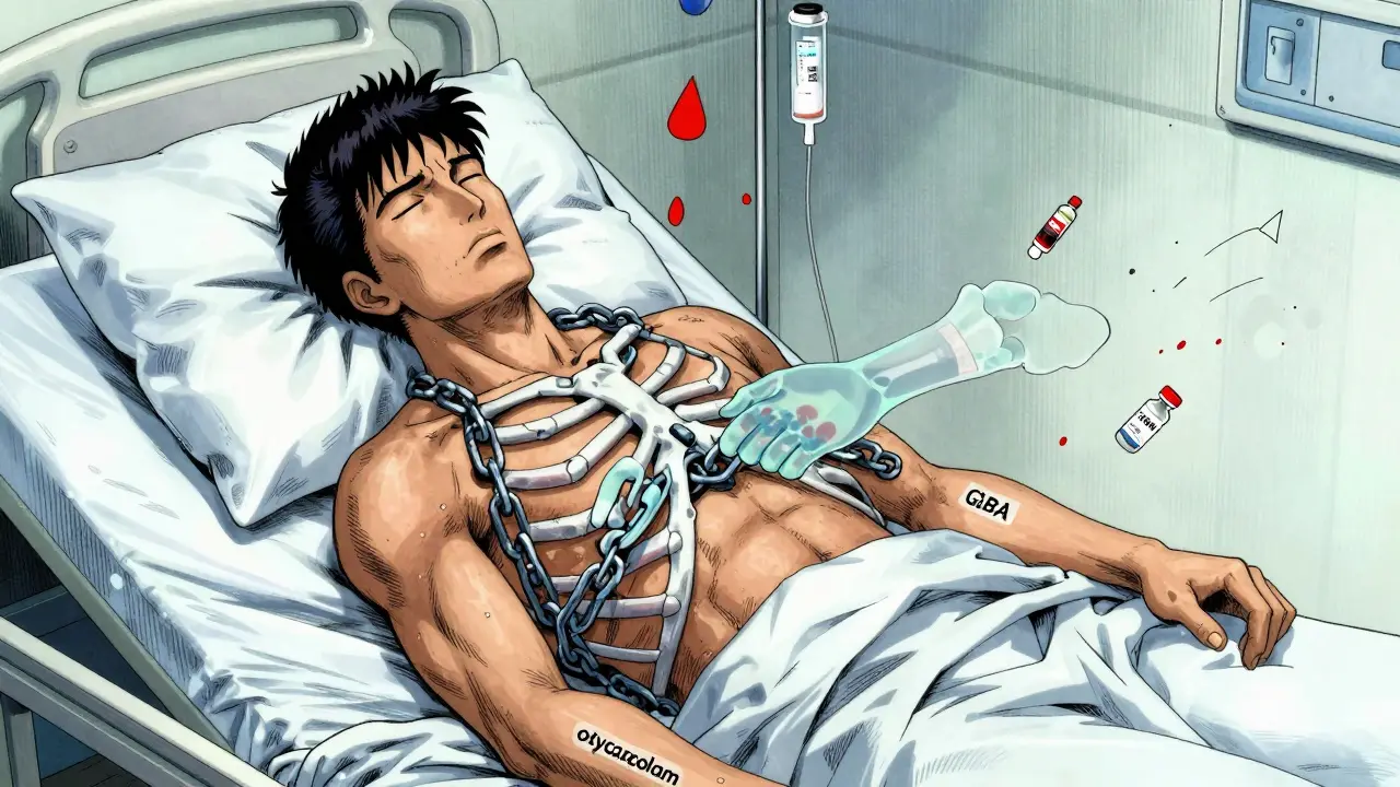 Unconscious patient with chained GABA and opioid receptors crushing their chest, naloxone vials shattered nearby.