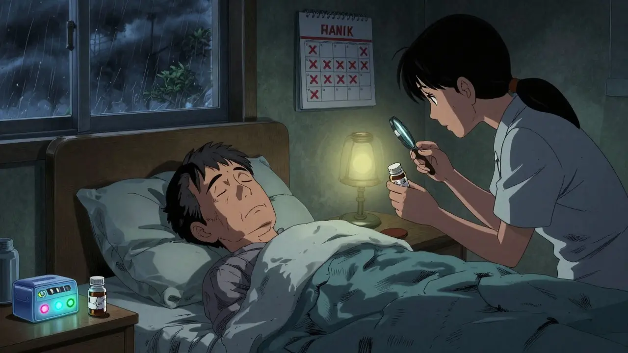 A caregiver checks medication expiration dates at night beside a sleeping loved one, with a reminder pill box glowing softly.