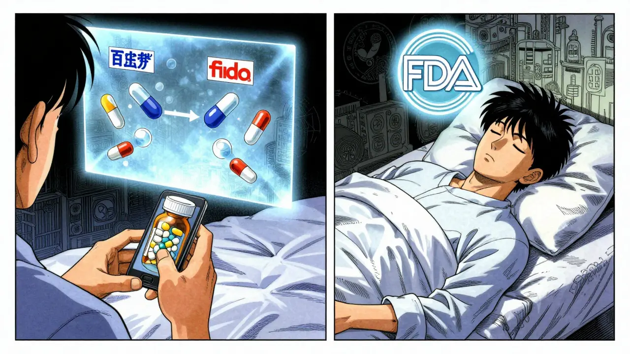 A patient scanning a pill bottle to see a 3D molecular comparison, with a glowing FDA seal above their bed.