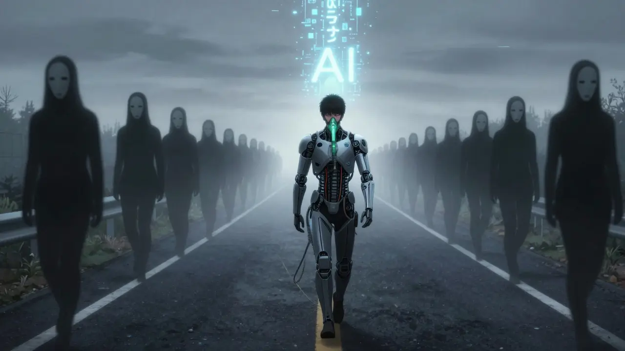 A person walking at dawn with a fused CPAP device as cybernetic armor, shadowy figures behind, glowing path ahead.