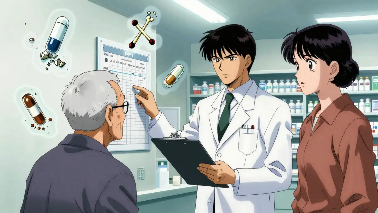 A pharmacist and caregiver review a detailed medication chart while dangerous drug interactions loom as ghostly shadows.