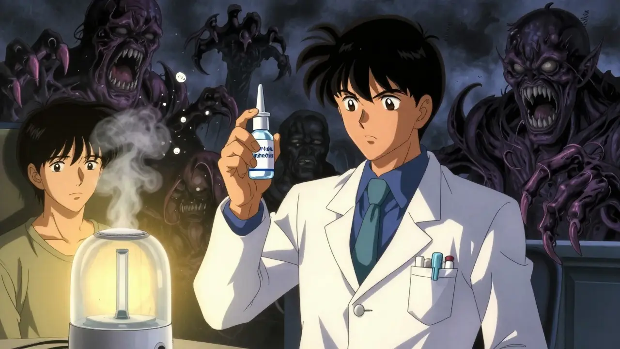 A pharmacist holding saline spray as decongestant pills crumble into ash, with steam rising safely nearby.