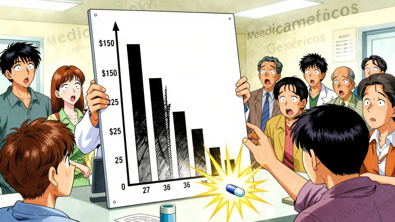 A pharmacist showing a dramatic cost comparison chart to diverse patients, with light bursting from a generic pill.