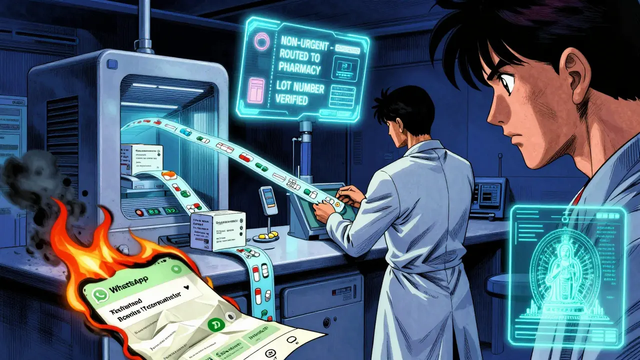 AI system automating medication refills in 2026, with holographic alerts and burning WhatsApp message.