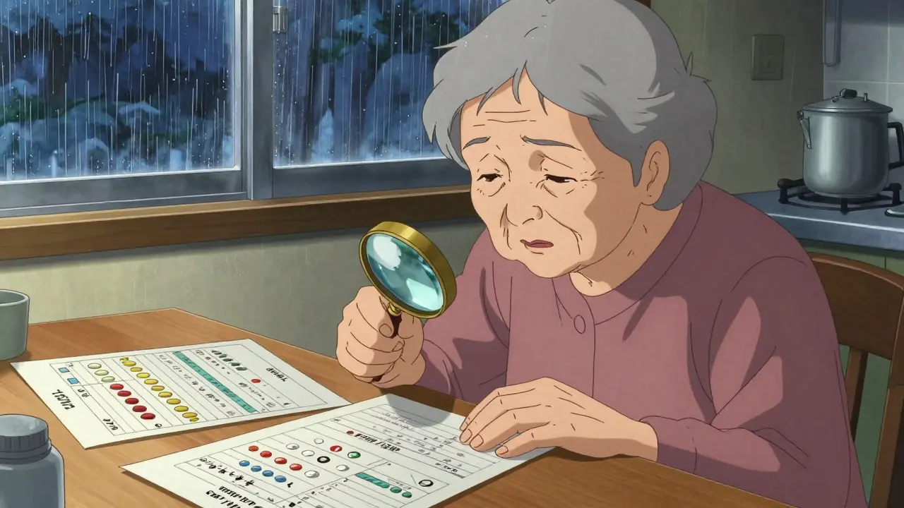 An elderly woman examines pill appearance using a magnifying glass at her kitchen table.
