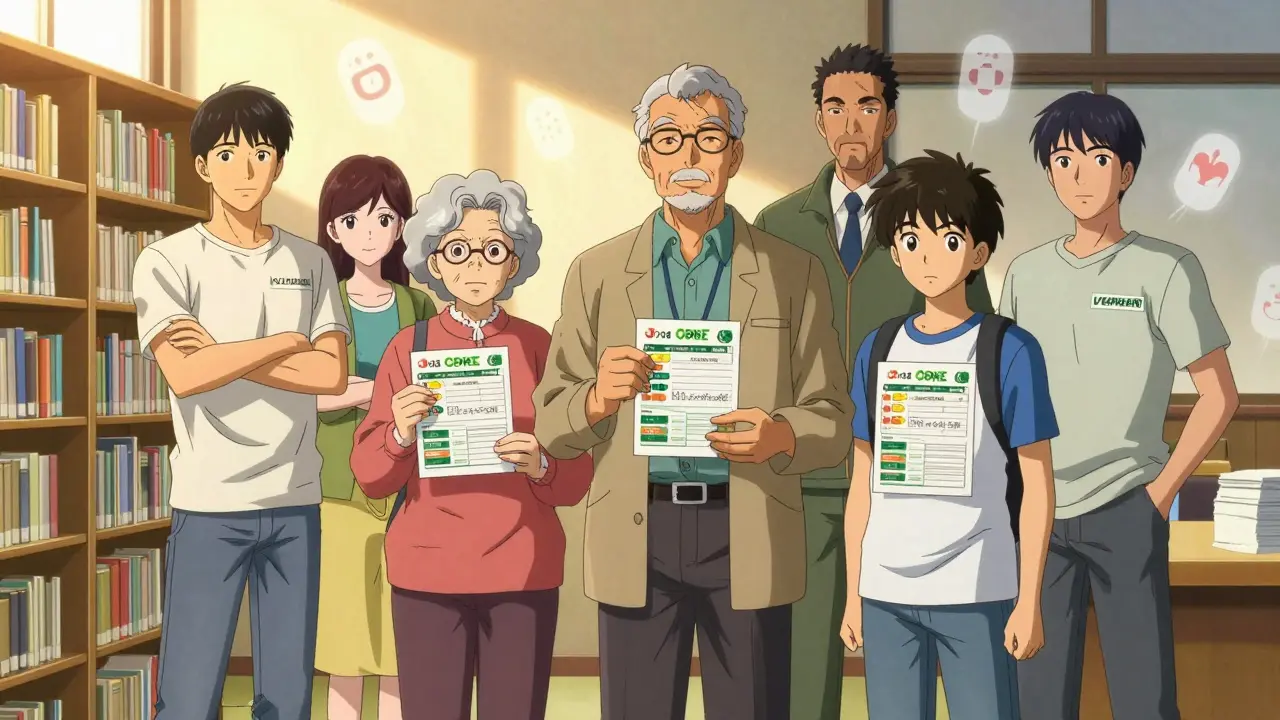 Community volunteers distribute medication safety guides to seniors in a warm neighborhood center.