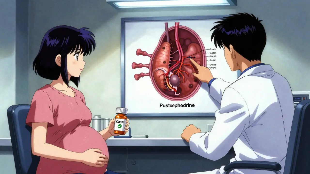 Doctor showing pregnant patient safe vs. dangerous allergy meds with placenta diagram