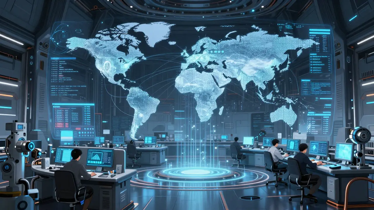 Holographic digital twin of pharmaceutical supply chain with IoT data streams in Miura style.