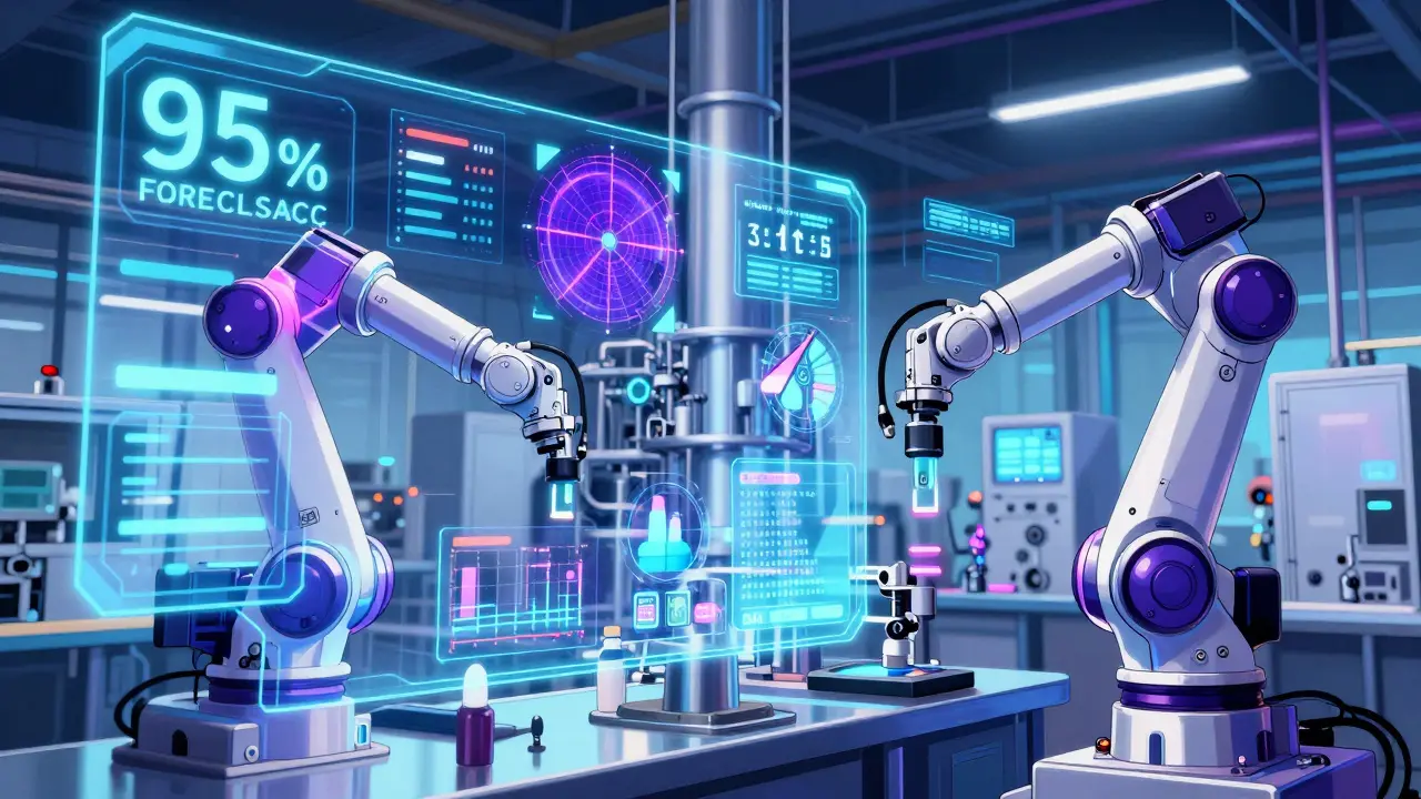 Pharmaceutical facility with digital twin overlay and robotic arms in Miura manga style.