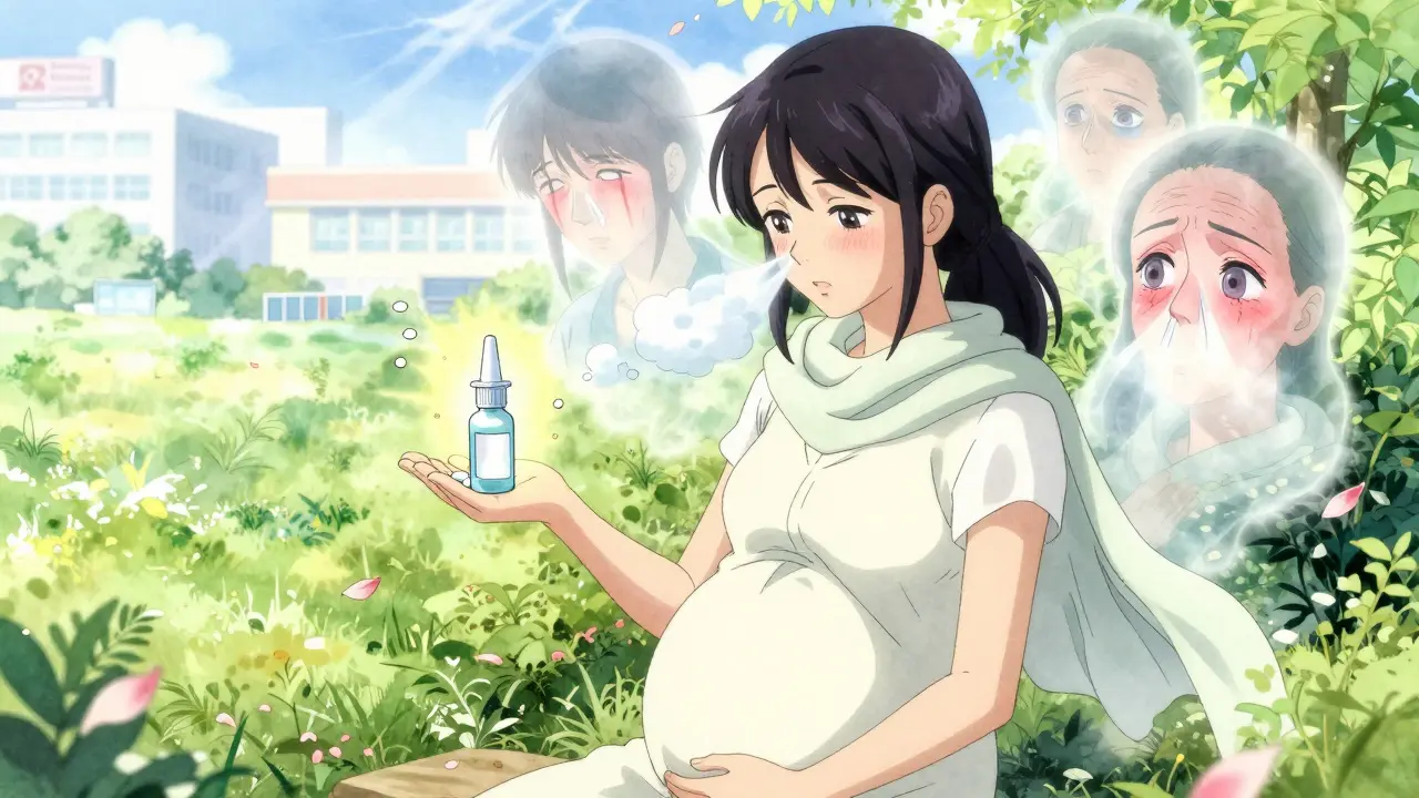 Pregnant woman in garden as allergy symptoms fade, safe medications glowing above her hand