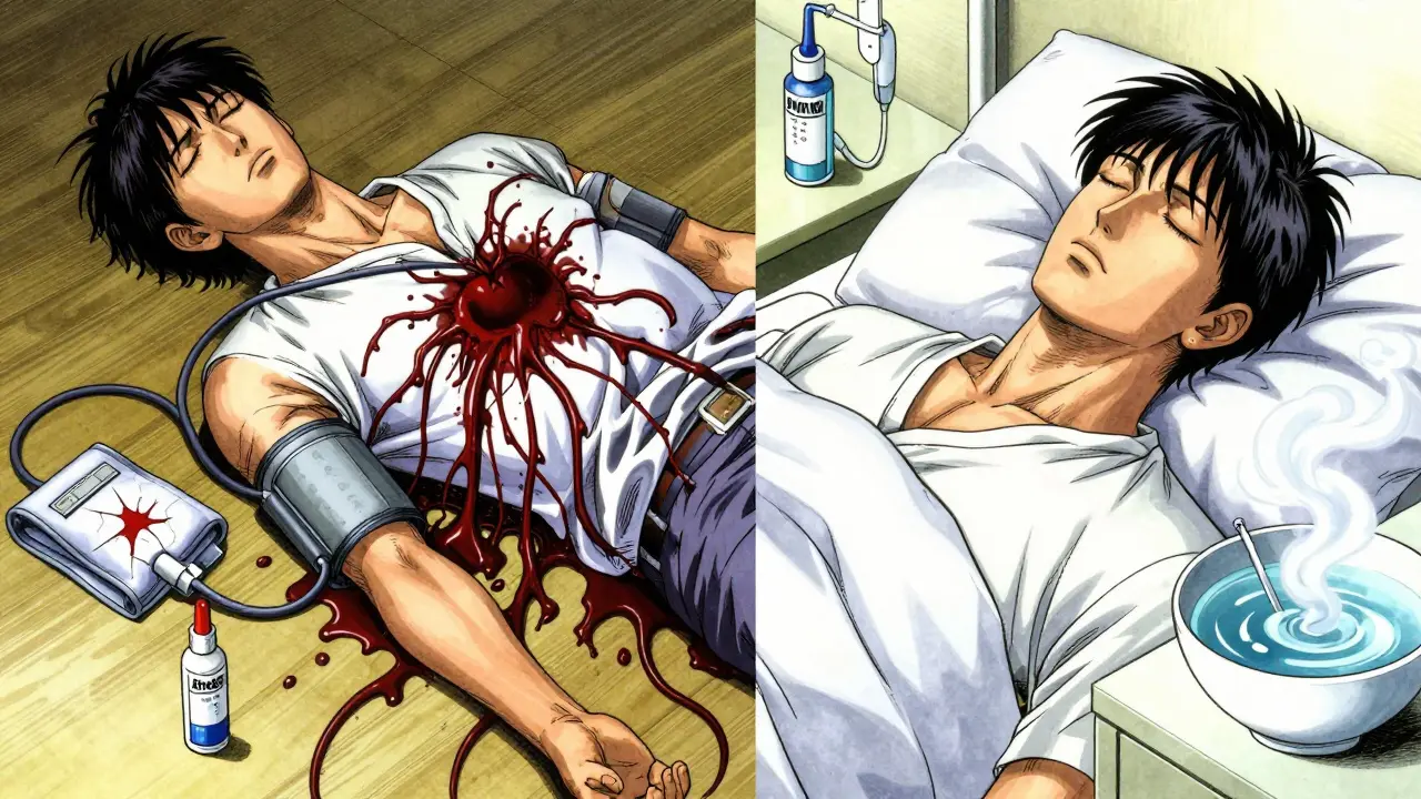 Split scene: one side shows a man collapsed from decongestant use, the other shows him sleeping peacefully with saline and steam.