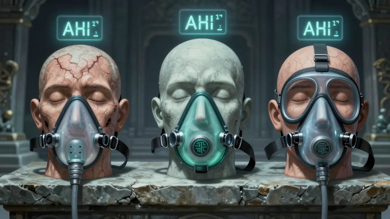 Three detailed CPAP masks arranged like relics, with metallic textures and glowing data meters above them.