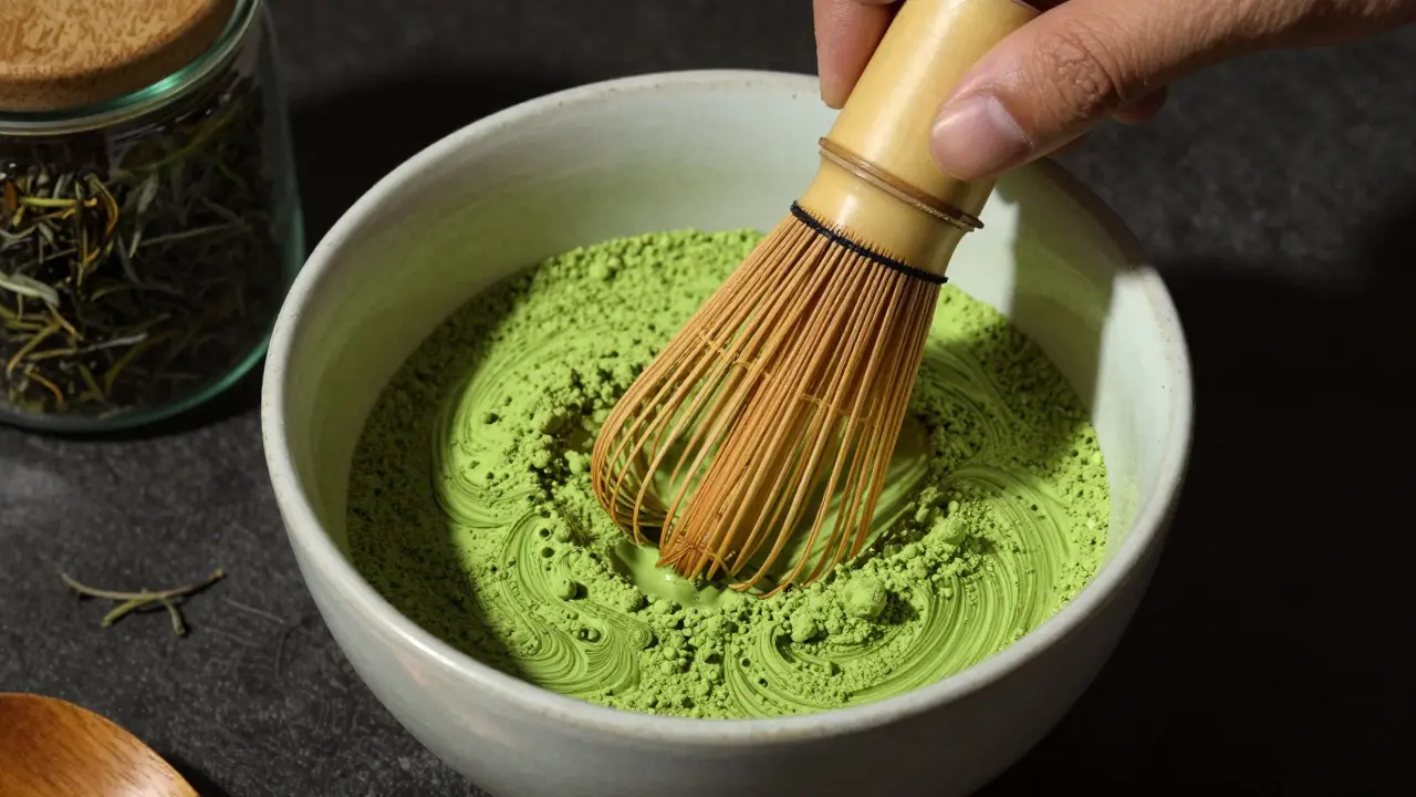 Whisking matcha powder with swirling green particles and dried tea leaves in dark setting
