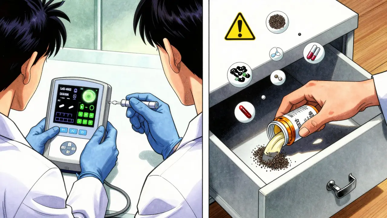 A clinician uses a point-of-care device while floating drug symbols reveal hidden risks in opioid treatment.