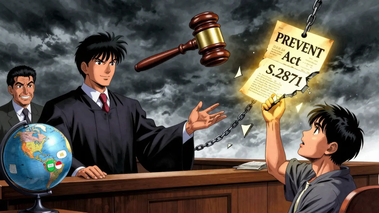 A courtroom with a broken 1938 law statute, corporate supply chains on one side, and a patient reaching for a new bill glowing with golden light.