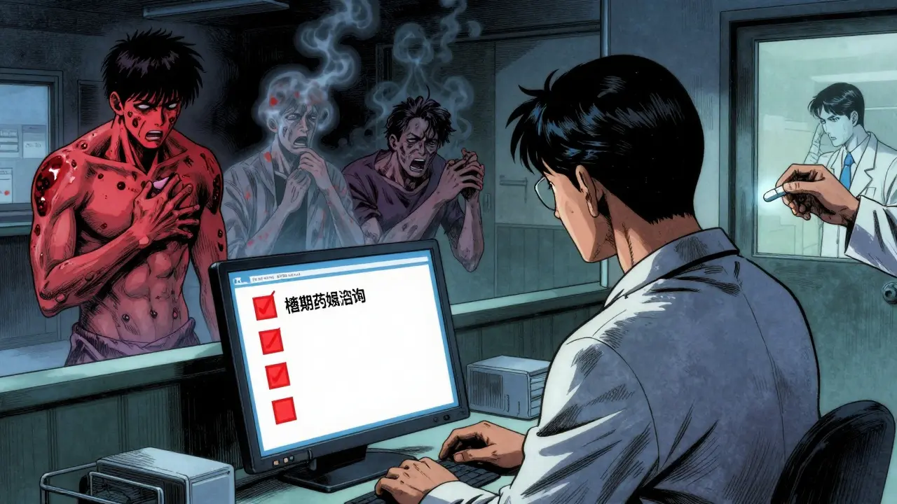 A doctor facing an EHR screen with red unchecked boxes, while ghostly patients suffer side effects in the background.