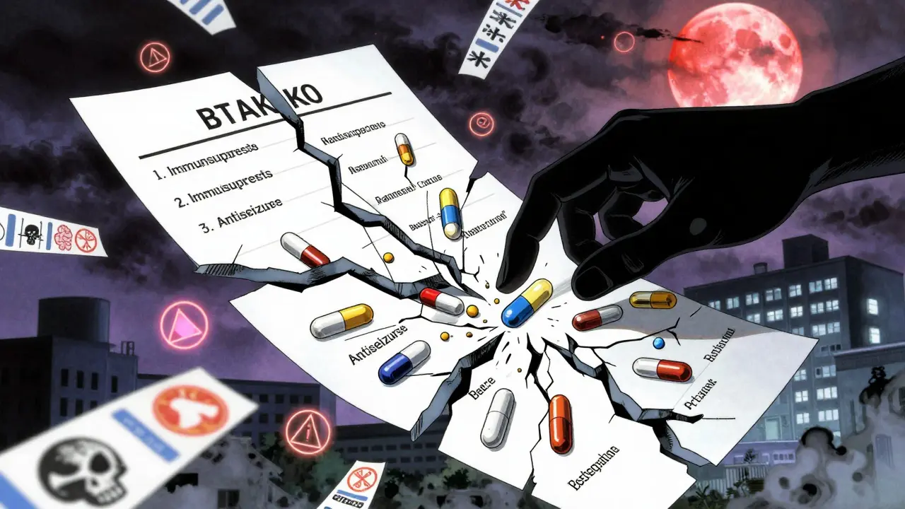 A fractured medical chart floats with warning symbols orbiting as a hand reaches to double a pill in a dark, apocalyptic setting.
