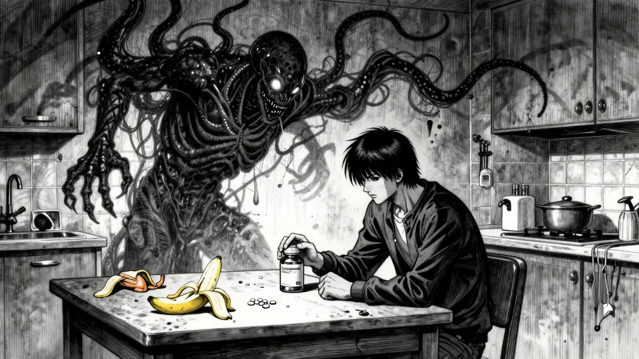 A person holding tryptophan pills beside an empty antidepressant bottle, their shadow twisting into a monstrous serpent.