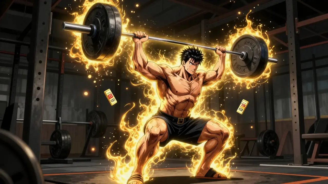 A person lifting weights in a dim gym, surrounded by floating embers of lingering metabolic fire.