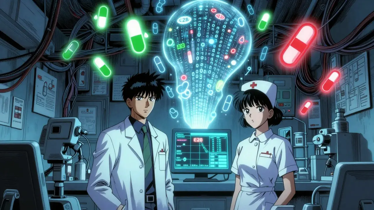 A pharmacist and nurse analyze real-time safety signals on a shared dashboard, with drug icons swirling in the air.