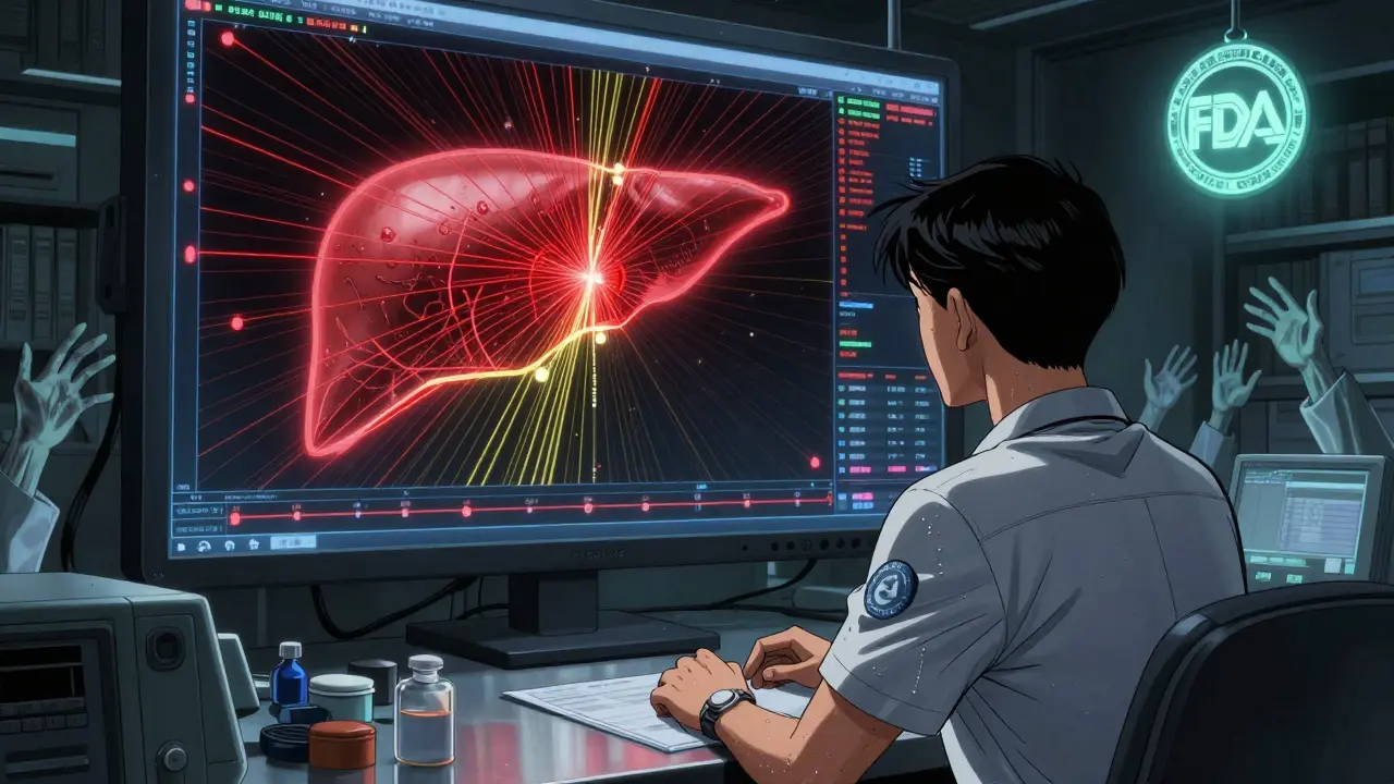 A pharmacovigilance officer watches a predictive liver toxicity model on a massive screen, surrounded by shadowy figures.