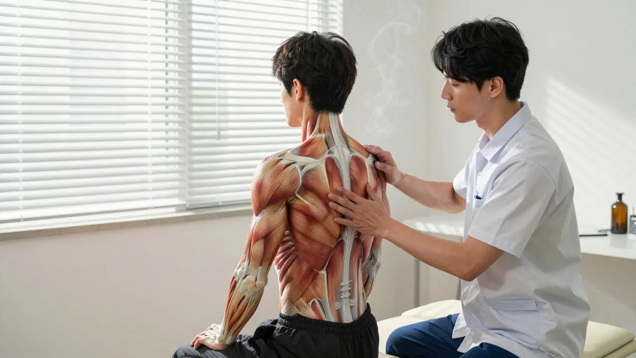 A physical therapist guiding a patient’s shoulder movement with anatomical precision in sunlight.
