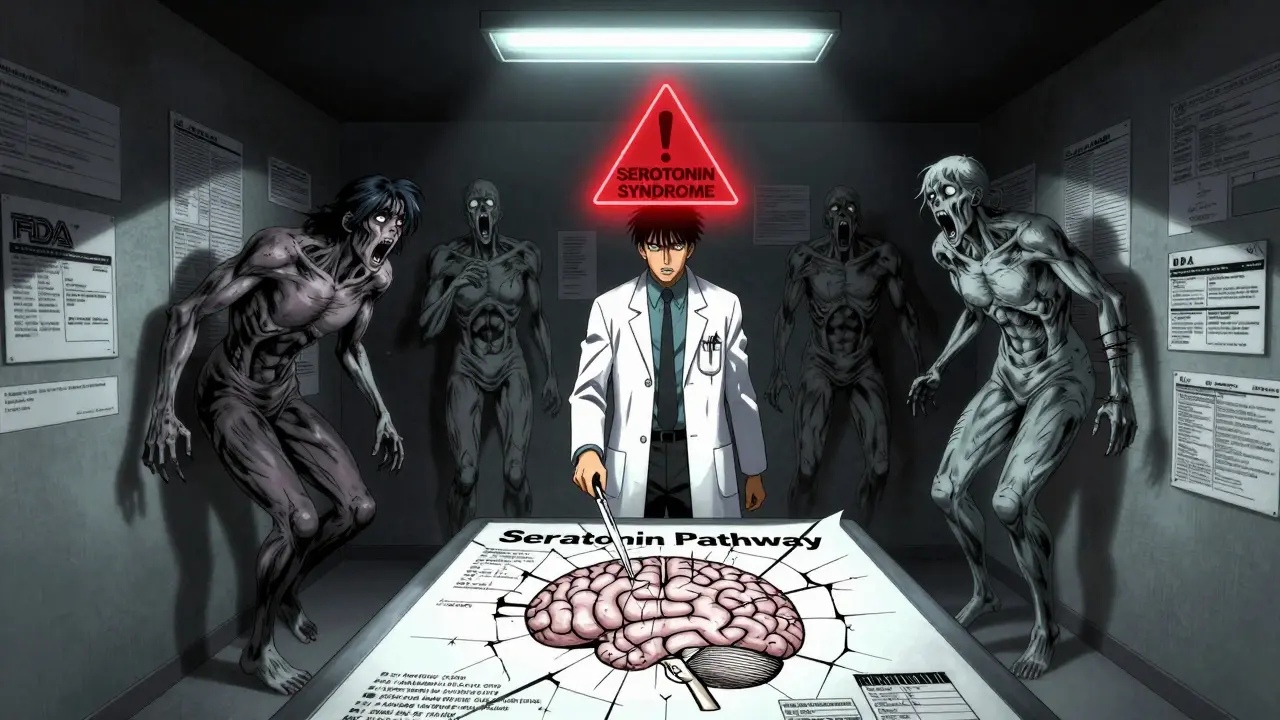 A psychiatrist facing ghostly patients as a red serotonin syndrome warning glows above a medical chart.