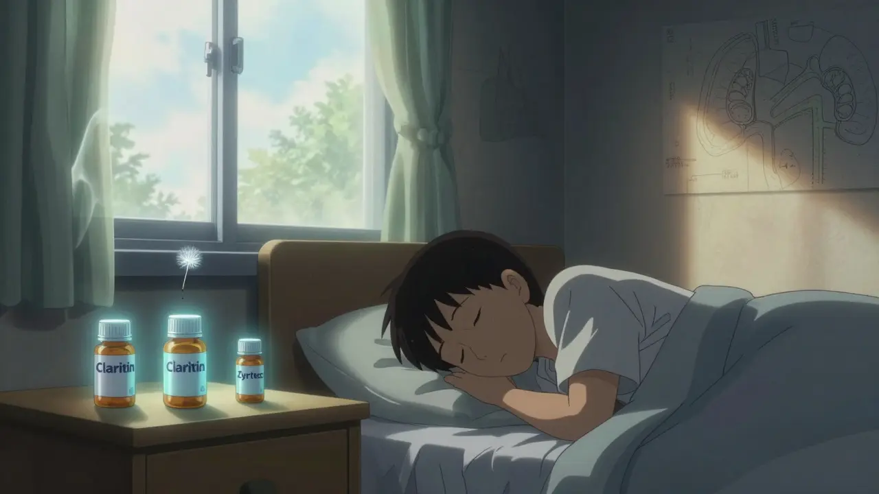 A sleeping person surrounded by dissolving pollen, empty pill bottles glowing softly on the nightstand.