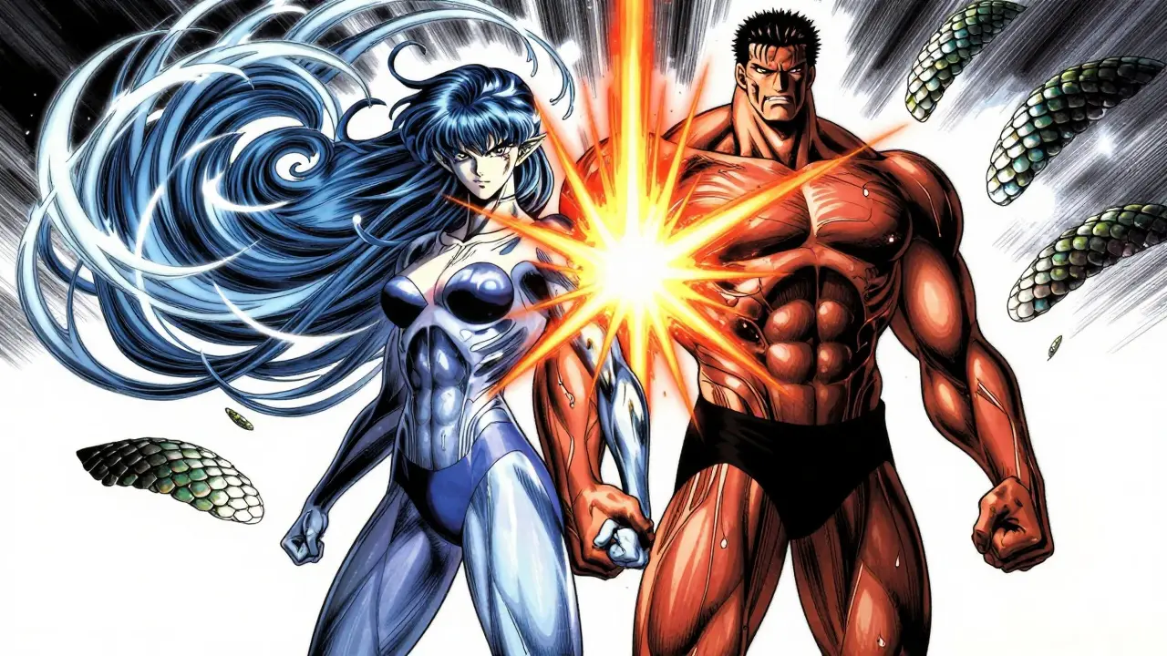 A warrior with two spectral forms — wind and armor — merging into a glowing core of body recomposition.