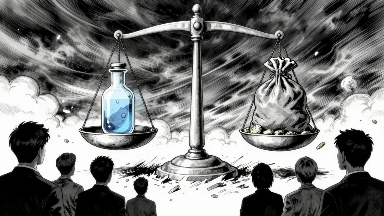 Balancing scales hold medicine vial and gold bags under stormy dark sky