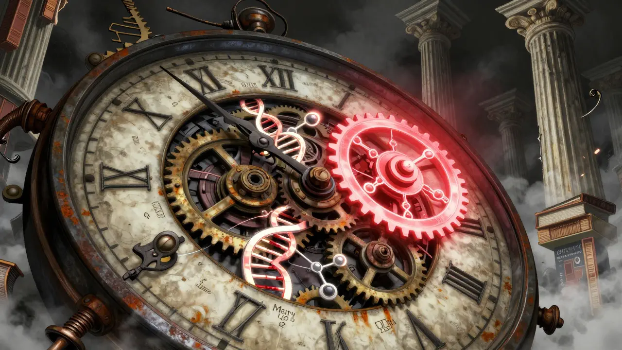 Clockwork gears merged with DNA strands glowing in dark mechanical setting