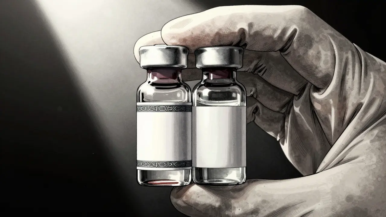 Gloved hands comparing two glass medicine vials closely.