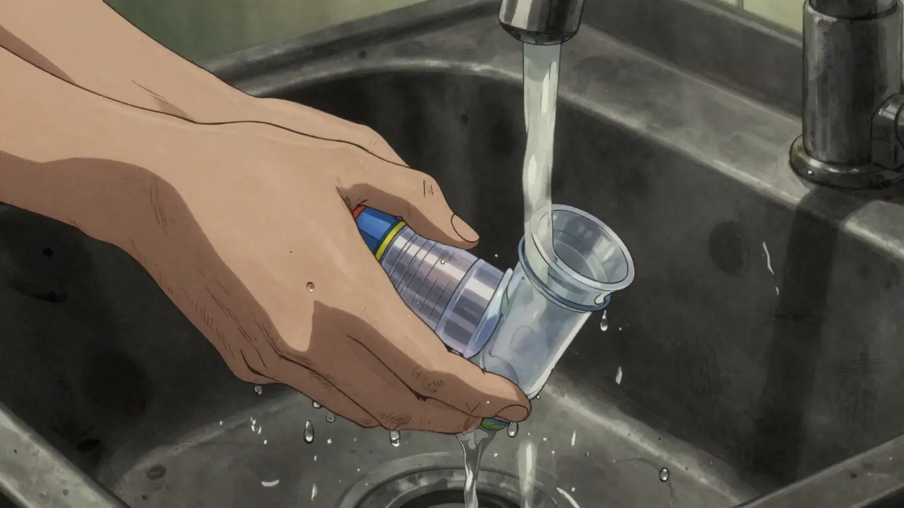 Hands washing inhaler spacer under running water in dramatic art.