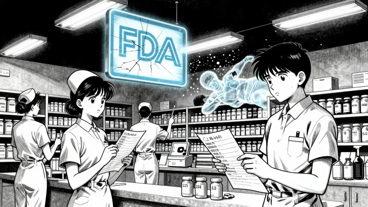 Nurses in a hospital pharmacy comparing lot numbers under flickering lights, while a ghostly patient dissolves into toxic particles.