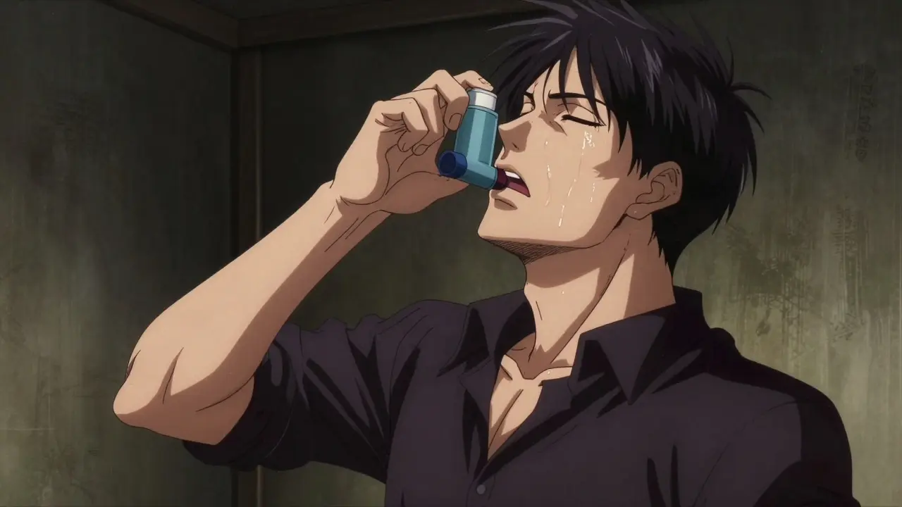 Person inhaling from inhaler with focused expression in manga style.