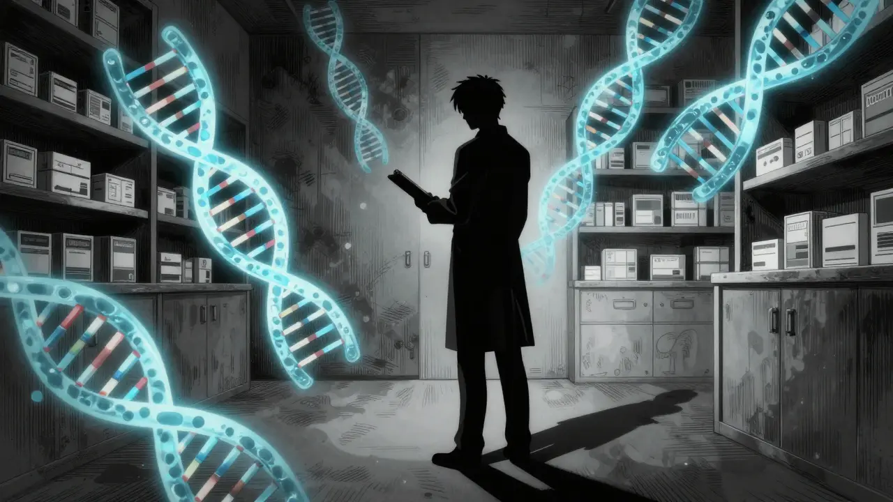Silhouette of pharmacist with glowing DNA strands nearby.