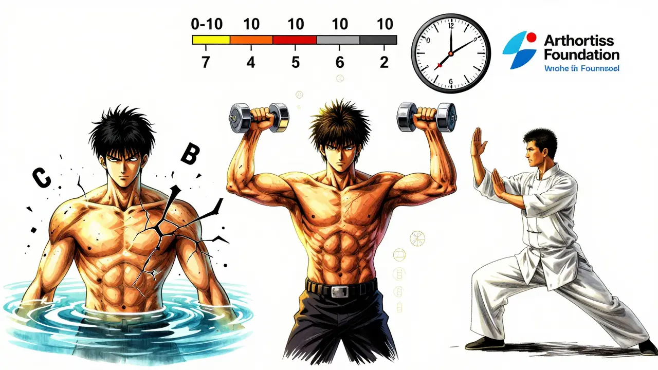 Three people exercising with pain symbols shattering around them, bathed in golden light.