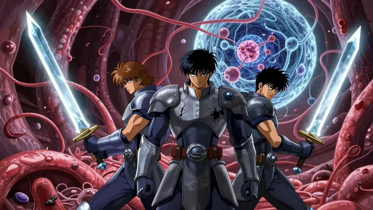 Three warriors battle histamine receptors inside blood vessels, each with unique molecular weapons and armor.