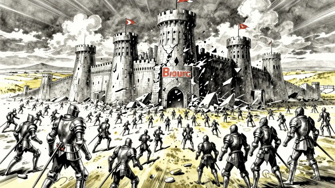 A crumbling fortress being attacked by many knights, representing generic drugs breaking a brand monopoly.