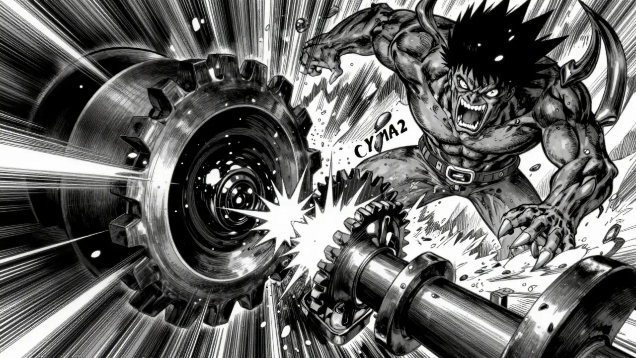 A dark crystalline shard jamming a massive biological machine in a dramatic anime scene.