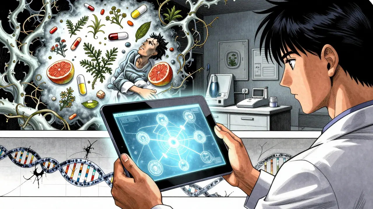 A doctor analyzing medication interactions with surreal vines and a detailed DNA helix in manga style.