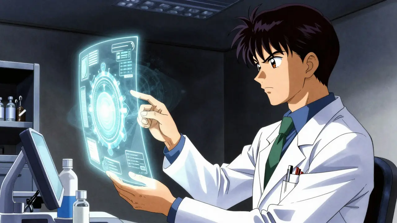 A doctor using a futuristic holographic interface for biometric pharmacy verification.