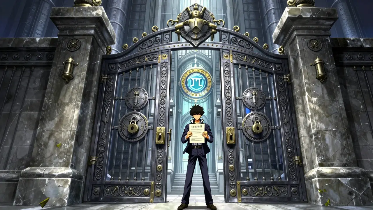 An ornate, massive iron gate representing a secure state pharmacy verification system.