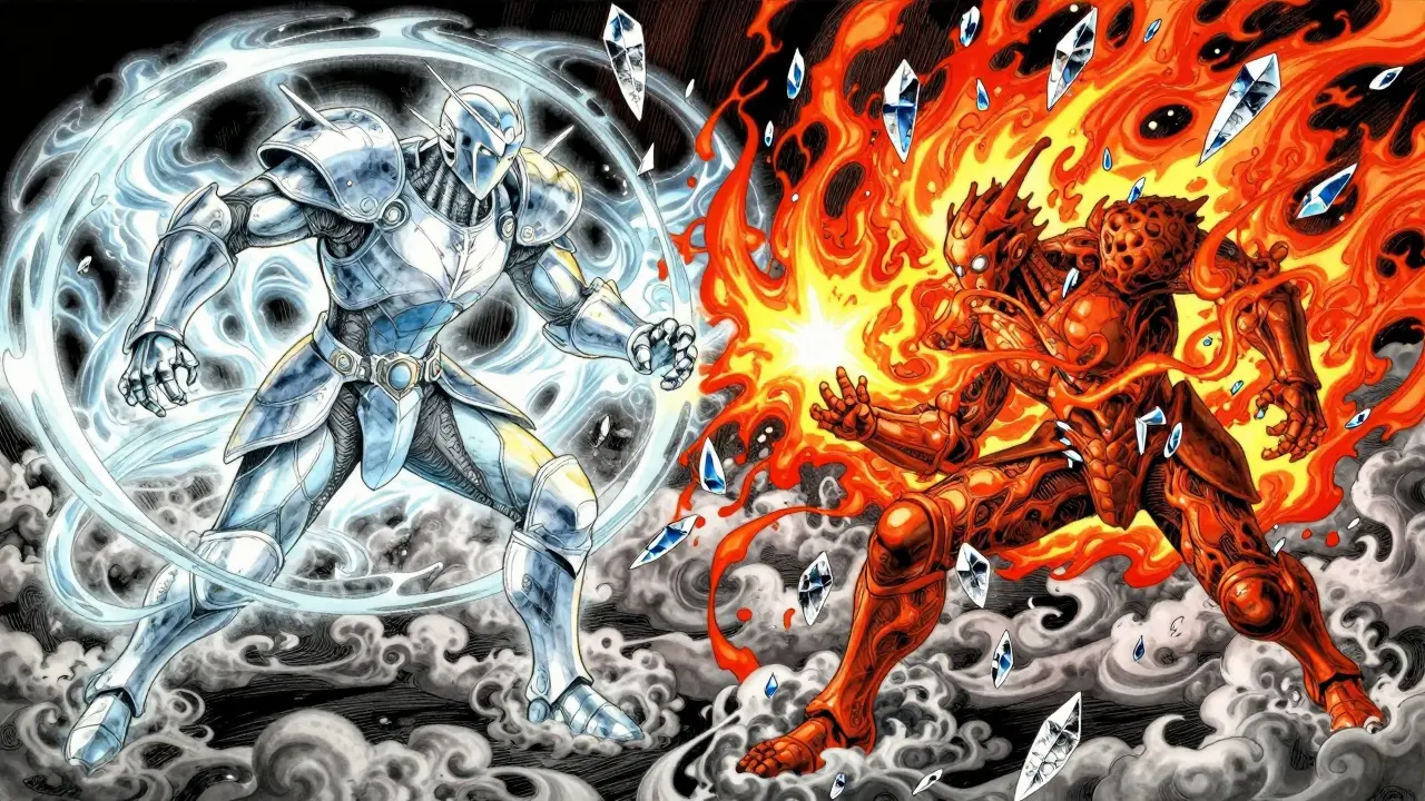 Armored warriors fighting abstract flames representing inflammation in detailed manga art