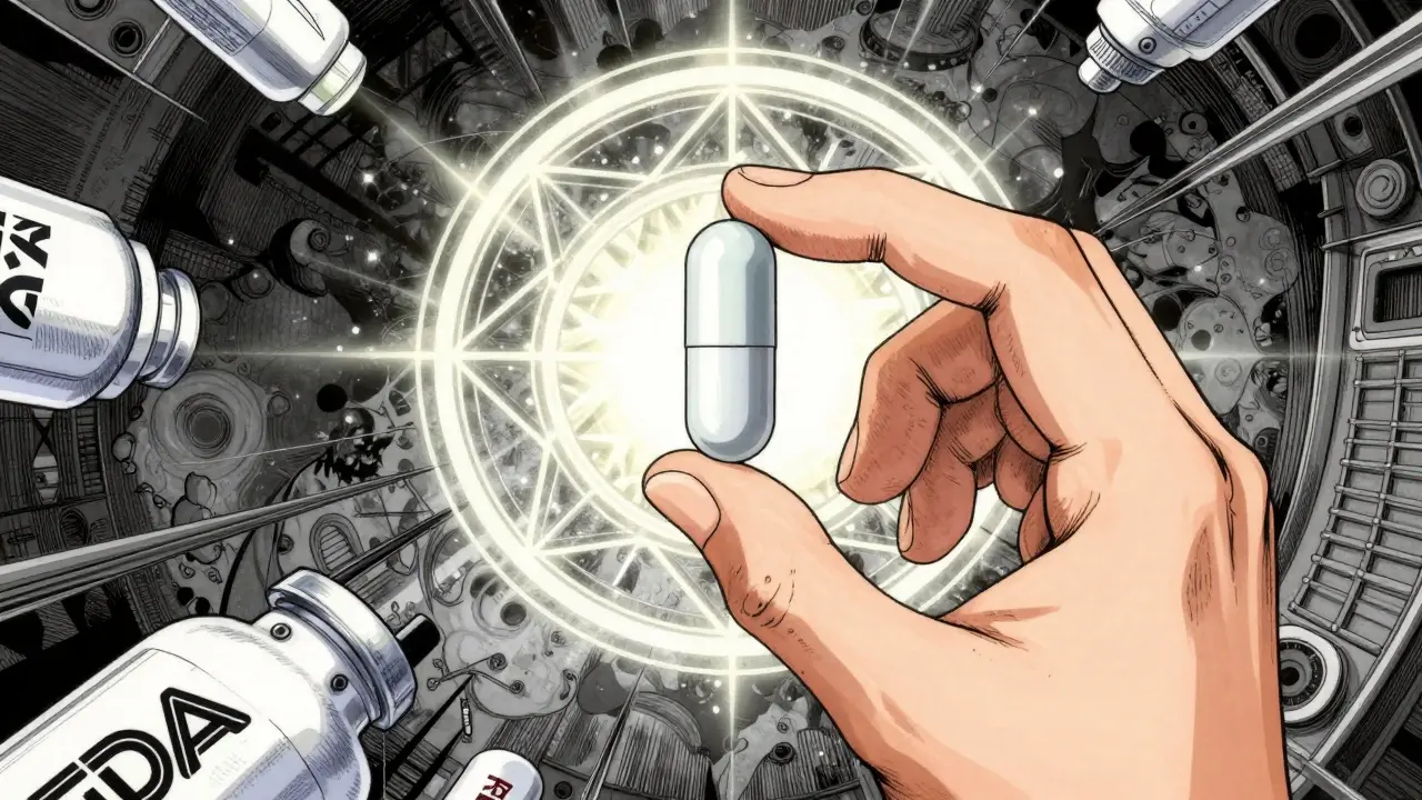 Close-up of a medication capsule surrounded by protective celestial patterns in manga style.