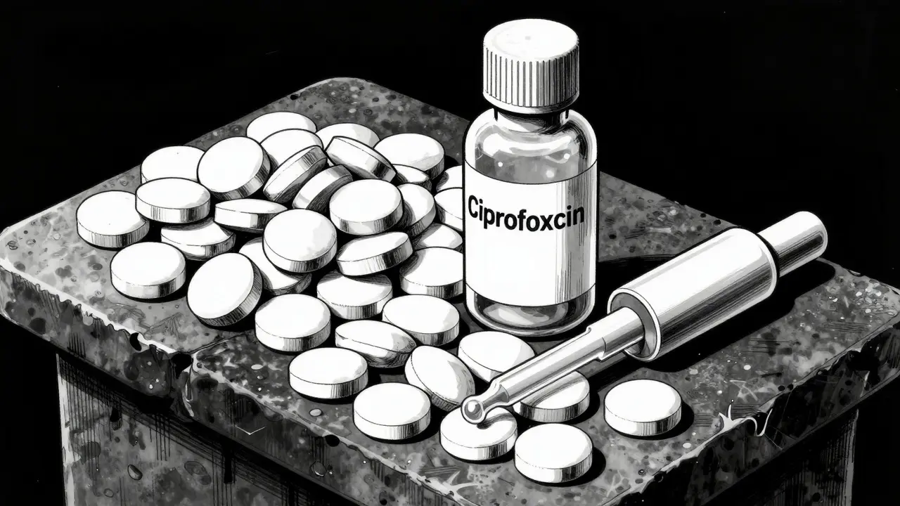 Detailed ink drawing of ciprofloxacin tablets, liquid suspension, and dropper bottles.