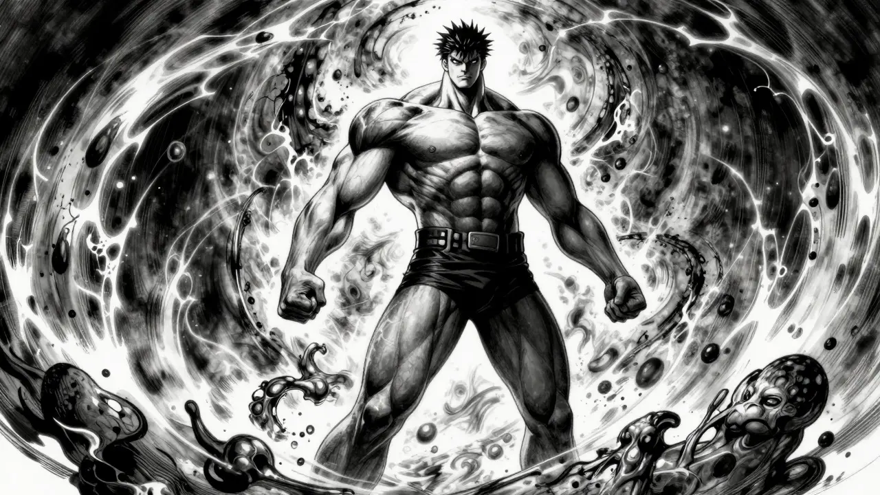 Epic manga illustration of a strong figure surrounded by swirling energy patterns.