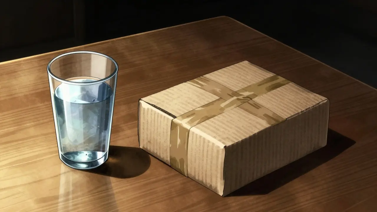Medication package and a glass of water on a table in a high-contrast manga style